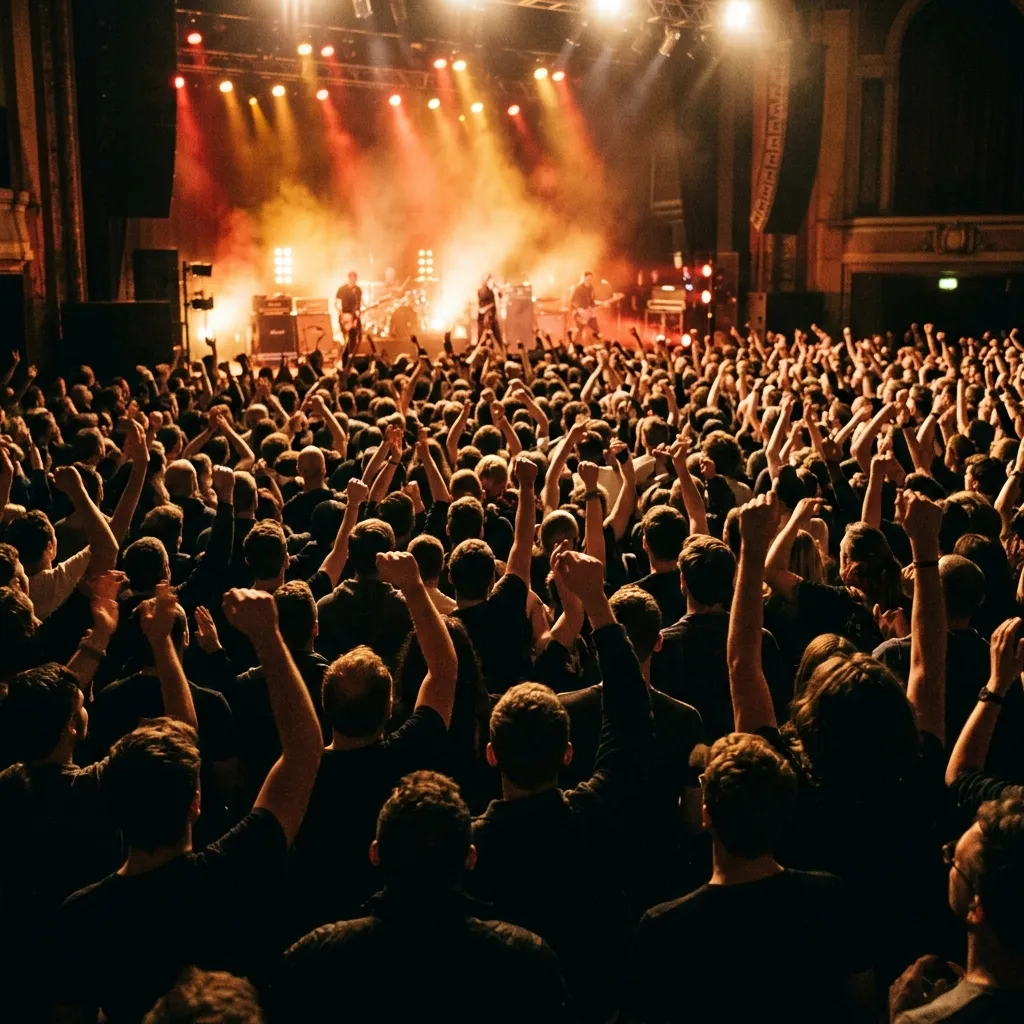 Plateia de braços erguidos diante de um palco iluminado, ilustração de apoio sobre os shows da promoção
