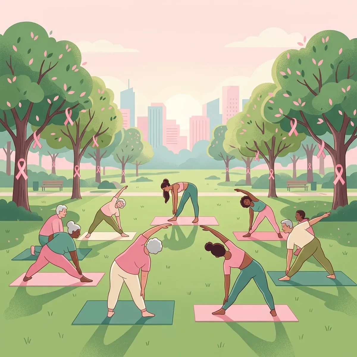 Ilustração de um grupo fazendo alongamento num parque com fitas rosas nas árvores