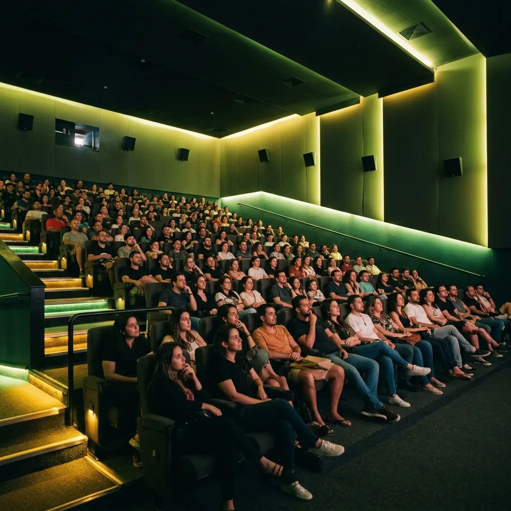 Ilustração de uma plateia assistindo a um filme em sala de cinema