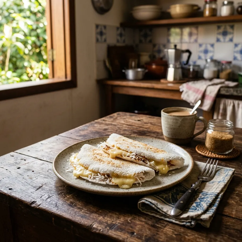 Tapiocas recheadas com queijo e coco num prato sobre mesa de madeira, ilustração de apoio