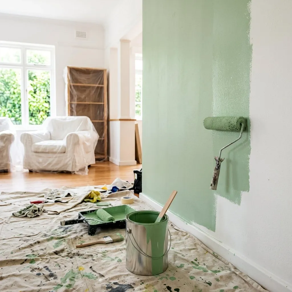 Parede sendo pintada de verde com rolo e lata de tinta aberta no chão