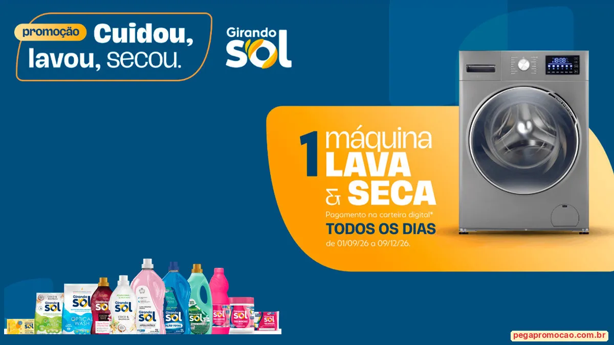 Sorteio: Sorteio Girando Sol: concorra a cartão de R$ 3 mil na Cuidou, Lavou, Secou