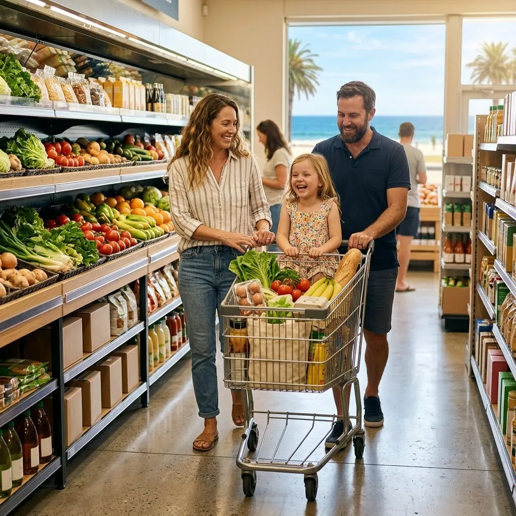Ilustração de uma família empurrando um carrinho de compras num supermercado perto da praia