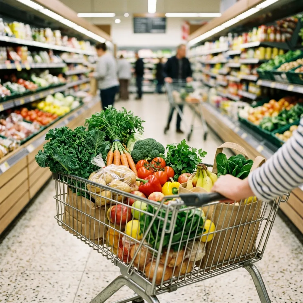Ilustração: carrinho de compras cheio de hortifrúti no corredor do supermercado